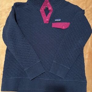 Patagonia Womens Quilted Navy and Pink Crewneck Sweater